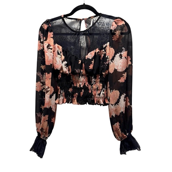 Free People Daphne Floral Lace Sheer Smocked Top Midnight Combo Boho Chic XS EUC - Picture 3 of 16
